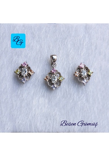 Dört Tırnaklı Dikdörtgen Renkli Taşlı Set Rose Gold - Gümüş