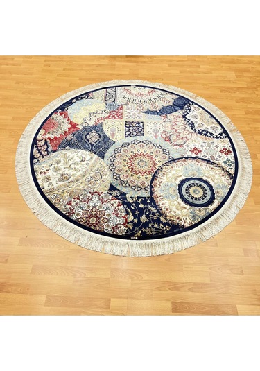 Mozaik Desenli 200 X 200 Yuvarlak İpek Halı Lacivert