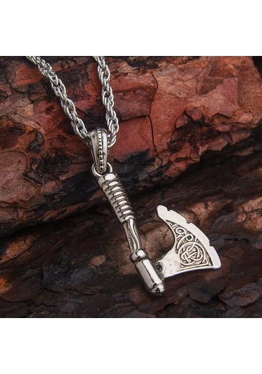 Viking İşlemeli Savaşçı Baltası Erkek Kolye Çelik İskandinav Takı