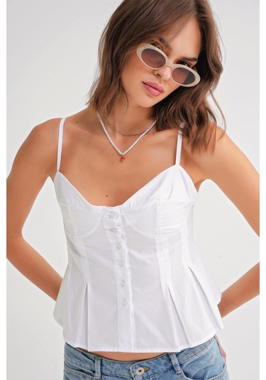 4737 Kadın Düğmeli Kuplu Pileli Bluz Beyaz Beyaz