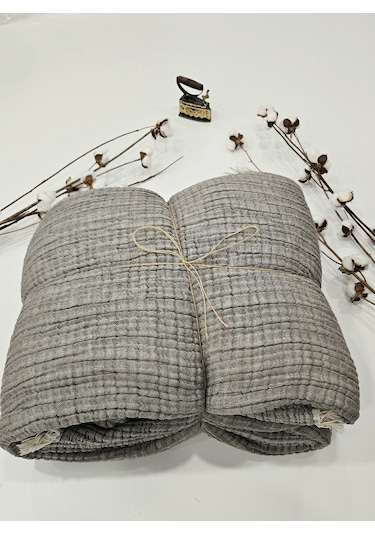Gri 7 Katlı Çift Taraflı Dolgulu Çift Kişilik Müslin Battaniye %100 Pamuk 230x240 Cm Gri