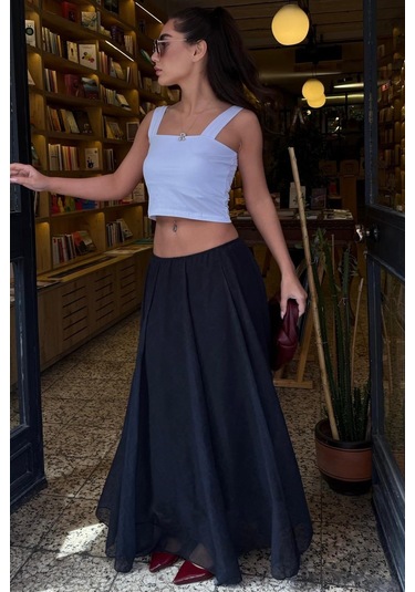 Madmext Antrasit Vintage Şifon Maxi Etek Mg2776