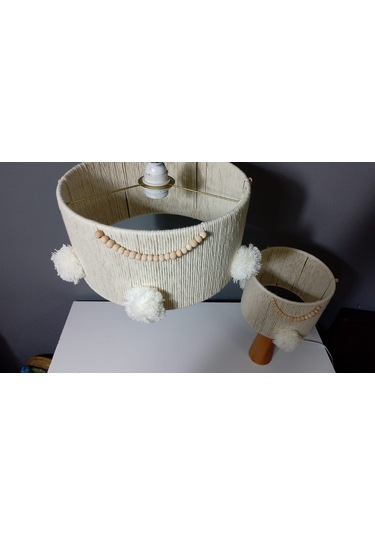 Ekru Makrome Avize Abajur Set Çocuk Odası Avize Bebek Odası Avize Abajur E27 Duy Ekru