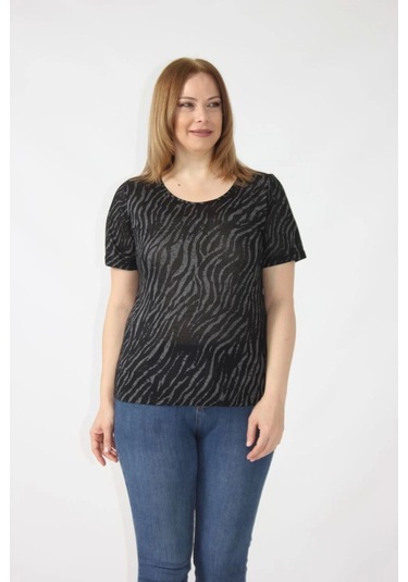 3284 Sırtı Dantel Detaylı Viskon Penye Desenli Bluz Siyah-krem