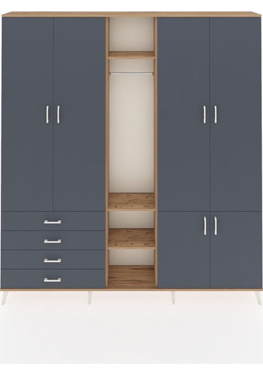 Arges Dolap 14 Raflı 4 Çekmeceli Tek Askılı 220x30x243 Çam-antrasit/antrasit Antrasıt/antrasıt
