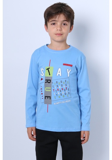 Hçm Erkek Çocuk Uzun Kollu Tshirt Stay True Baskılı Bisiklet Yaka E29 Mavi
