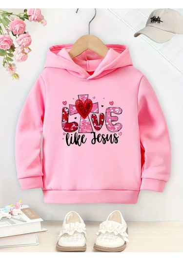 Kışlık Kapüşonlu Sweatshirt, Çocuk Love Like Jesus Baskılı Pembe