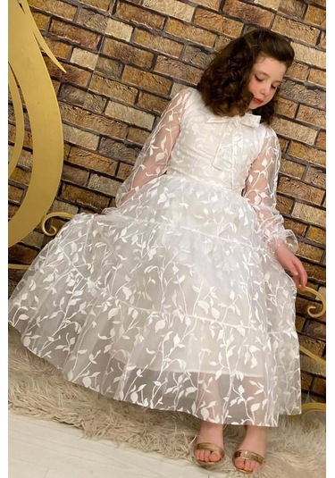 Riccotarz Kız Çocuk Kolları Ve Yakası Şeffaf Tüllü Ve Yaprak Detaylı Beyaz Elbise Beyaz