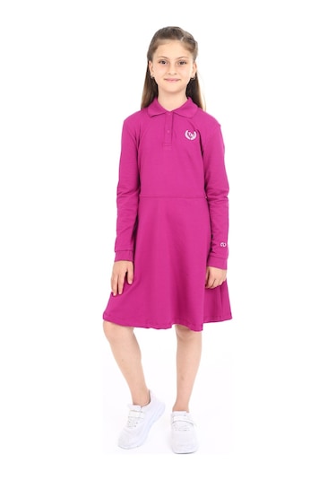 Toontoy Kız Çocuk Polo Yaka Çıtçıtlı Göğsü Baskılı Elbise Mürdüm