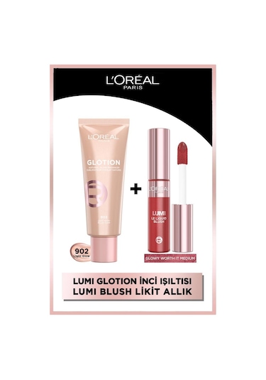 L'Oréal Paris Glotion Highlighter Likit Aydınlatıcı 902 Light Glow + Lumi Blush Likit Allık Glowy Worth It Medium