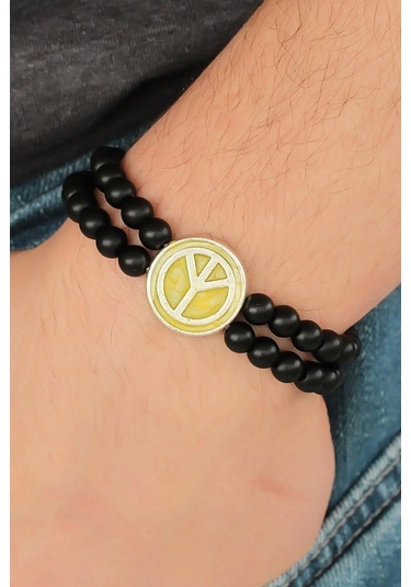 Sarı Metal Barış Simgesi Tasarımlı Siyah Renk Mat Oniks Doğal Taş Erkek Bileklik Çok Renkli