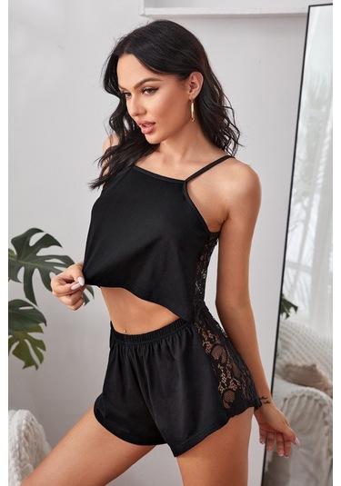 Kadın Siyah Arkası Komple Dantel Şortlu Gecelik Takım Siyah
