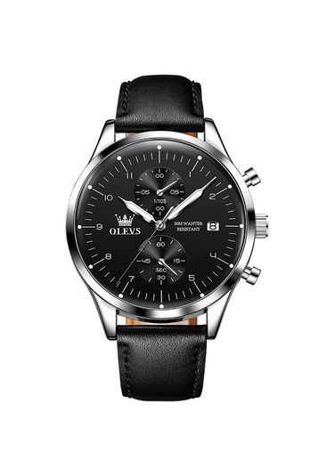 Olevs 2880 Erkekler Çok Fonksiyonlu İş Su Geçirmez Deri Kayış Kuvars Saat Siyah + Gümüş