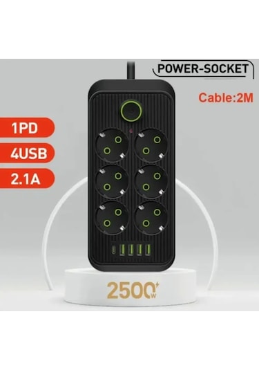6 Soket 4 Usb 1 Pd Şarj Termal Akım Korumalı Priz 2 Metre Kablo Çoklu Priz 6 Lı Priz 2 M