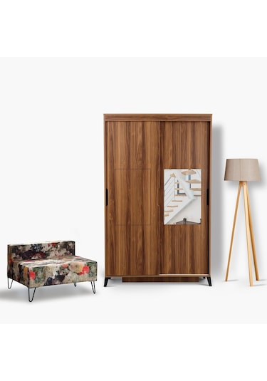 Pasifichome Huga Sürgülü Gardırop Ceviz 120Cm / 2 Kapaklı Çekmeceli Dolap