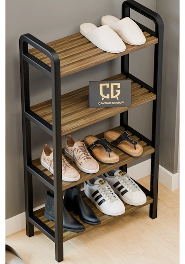 Mega 4 Katlı Ahşap Çubuklu Ayakkabılık 50 Cm Lüks Raf Ünitesi Ceviz