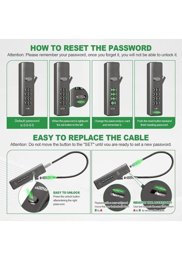 Ranyeek 4 Haneli Yeniden Konfigüre Edilebilir Kilitli, Çelik Gövde, 3 Farklı Uzunlukta Kablolu, Bisiklet-elektrikli Araba-kask-valiz Güvenliği İçin Kayar Kordon Kilit, Silah Rengi Gri