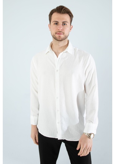 Rahat Kesim Keten Dokulu Gömlek Beyaz
