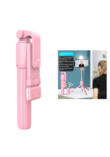 S03 Led Işıklı Tripod Bluetooth Kumandalı 3in1 Selfie - Pembe