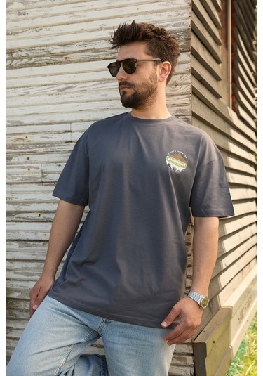 Velvoria Unisex Oversize Relaxed Home Is Where Baskılı Antrasit Renk T-shirt