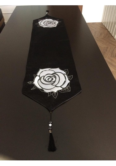 Finezza Siyah Kadife Gül Baskılı 3D Taşlı Püsküllü Runner