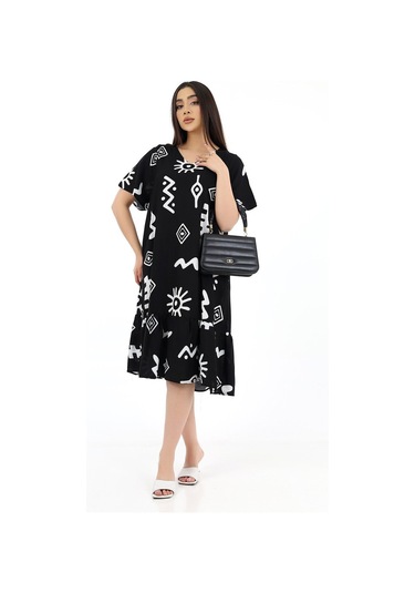 Schık Kadın Viskon Yarım Kol V Yaka Cepli Fırfırlı Elbise Siyah Siyah