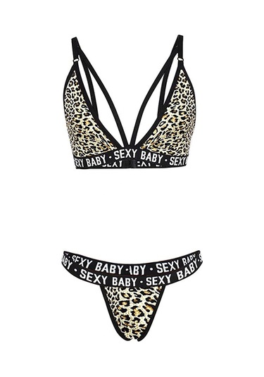 Kadın Leopar Desenli Yazı Detaylı Ipli Sütyen Takımı Çok Renkli