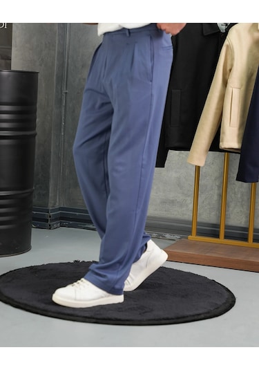 Modefendi Baggy Kalıp Pile Detaylı Kumaş Pantolon İndigo