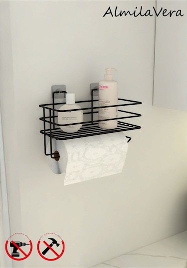 Yapışkanlı Raflı Kağıt Rulo Havluluk Peçetelik Siyah Banyo Mutfak Düzenleyici Raf Çok Renkli