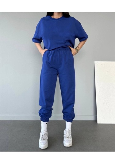 Basic T-shirt Eşofman Altı Jogger - Saks Mavi Düz Alt Üst Eşofman Takımı Oversize Bisiklet Yaka Saks Mavi