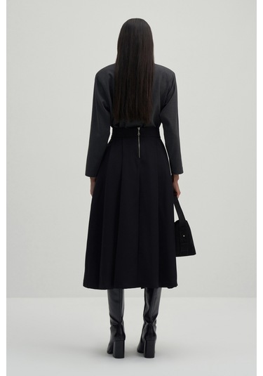 Siyah Volanlı Midi Etek Siyah