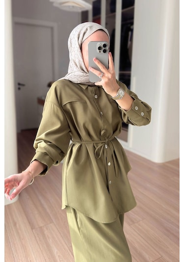 Ka Hijab Bağcıklı Bluz Pantolon Takım - Haki