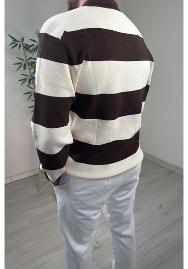 Explode - Erkek Ekru - Kahve Şerit Desenli Polo Yaka Oversize Triko Kazak Kahverengi