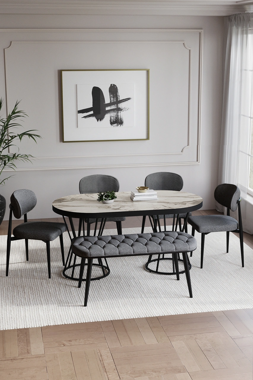 Bohem Polo Mutfak Masası Takımı 6 Kişilik Bencli Siyah Gri