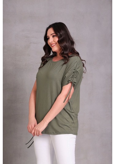 Kolu Eteği Büzmeli Bluz Haki Yeşil Haki