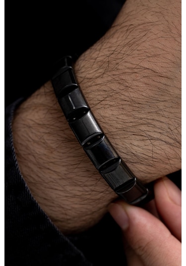 Erkek Bileklik - Doğal Hematit Taşlı Modern Tasarım Bileklik Siyah
