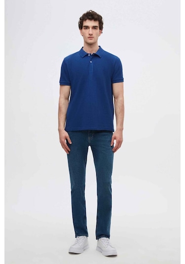 D's Damat Ds Damat Regular Fit Saks Mavi Pike Dokulu %100 Pamuk Kıvrılmaz Polo Yaka Nakışlı T-shirt 4HC14ORT51000 Saks Mavi
