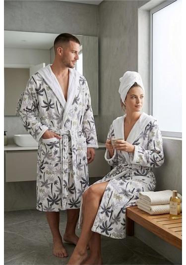 Tropical Breeze Pamuklu Desenli Kapüşonlu Bornoz Gri Palmiye