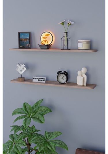 Dekoratif Uçan Duvar Rafı 2 Adet Gizli Monteli Raf Oval Kesim 100x18 Cm Atlantik Çam