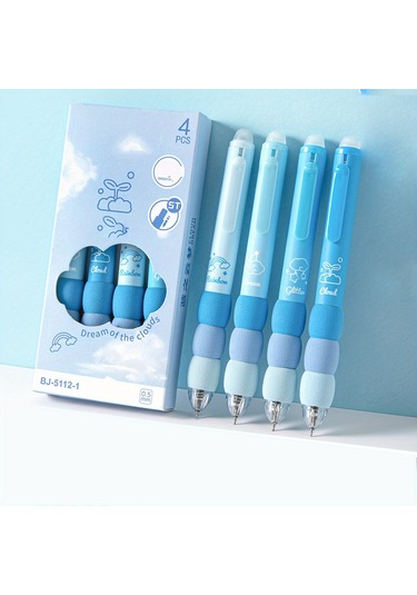 Tcherchı 4 Parça Sevimli Karikatür Silinebilir Jel Kalemler, 0,5 Mm İnce Nokta Mavi Mürekkep - Mavi