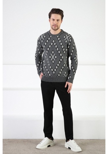 Ferraro Füme Kare Desenli Bisiklet Yaka %100 Kuzu Yün Erkek Kazak Füme
