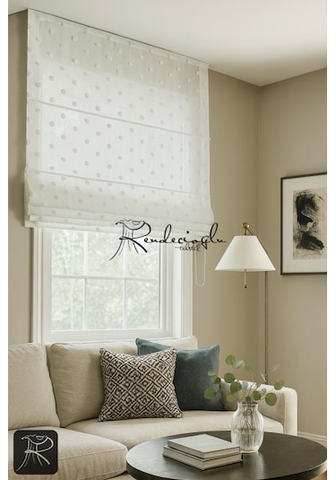 Tül Perde Püsküllü Katlamalı Mekanizmalı Sistem Keten Dokulu Ekru
