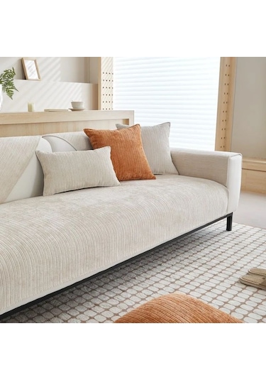 Bej Düz Renk Şönil Kanepe Havlusu Kalın Evrensel Kesit Kanepe Örtüsü Modern Mobilya Toz Geçirmez Kapak L Şeklinde Kanepe Kapakları 70x120cm