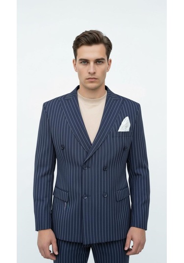 Plus Scorpion Lacivert Çizgili Erkek Kruvaze Blazer Ceket İtalyan Kesim, Modern Ve Klasik Şıklık Lacivert