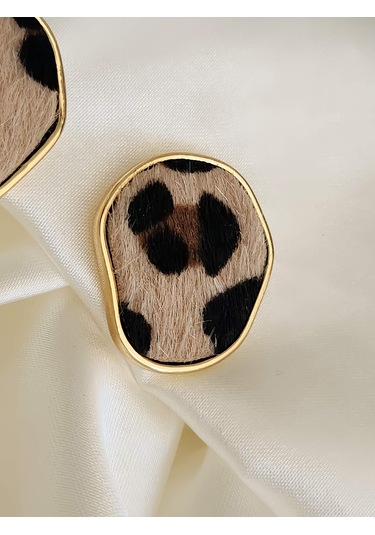 Leopar Asimetrik Oval Yuvarlak Model Küpe Leopar Desenli Çok Renkli