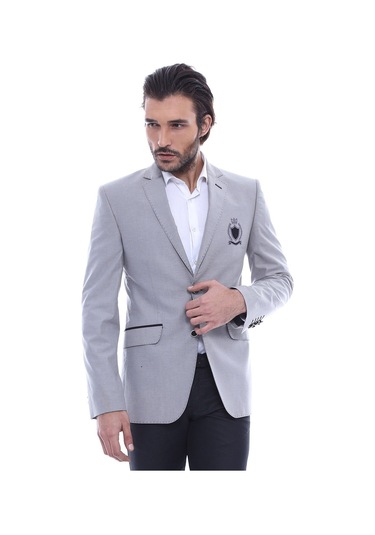 Çift Düğmeli Mono Yaka Armalı Gri Ceket -wessi Gri