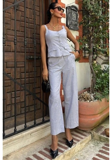 The İstanbul Kalın Askılı Bluz Pantolon Keten Takım 10187 Gri