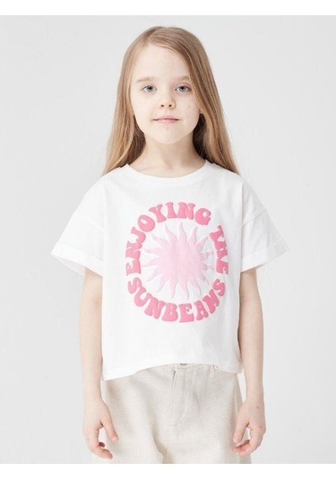 Kız Çocuk Pamuklu Güneş Kabartma Baskılı Bluz-13864-ekru Pmb Ekru - Pembe