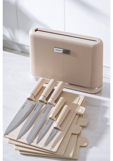 Cooper 10 Parça Standlı Kesme Tahtası Ve Bıçak Seti Krem