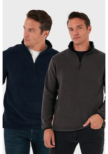 Buratti Slim Fit Yarım Fermuarlı Dik Yaka Erkek Polar 2'li Paket5906003S2 - Füme-Lacivert
